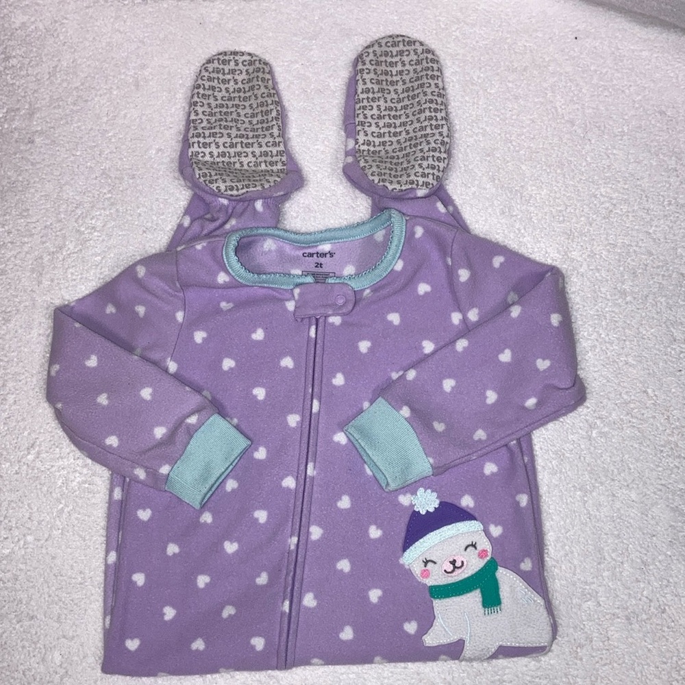 5/$20 carters fleece zip purple white hearts seal sleeper footie pajamas 2t